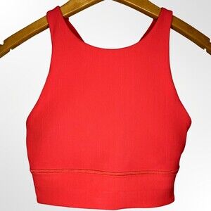 Lululemon Energy Bra High Neck Long Line Womens 4 Carnation Red Ribbed Crossback